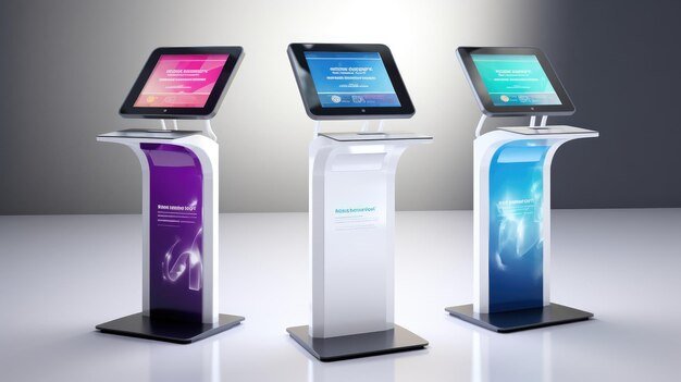 three modern digital kiosks with touch screens stand white surface 1027304 466